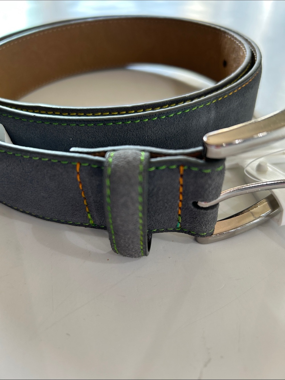 Robert Graham Gray Leather Suede Belt with Green & Orange Stitching sz 34